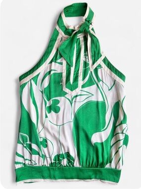 Y2K Bebe Green Floral Silk Halter Top XS